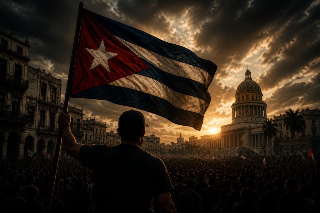 Multitud en La Habana al atardecer frente al Capitolio; una persona en primer plano alza la bandera cubana.